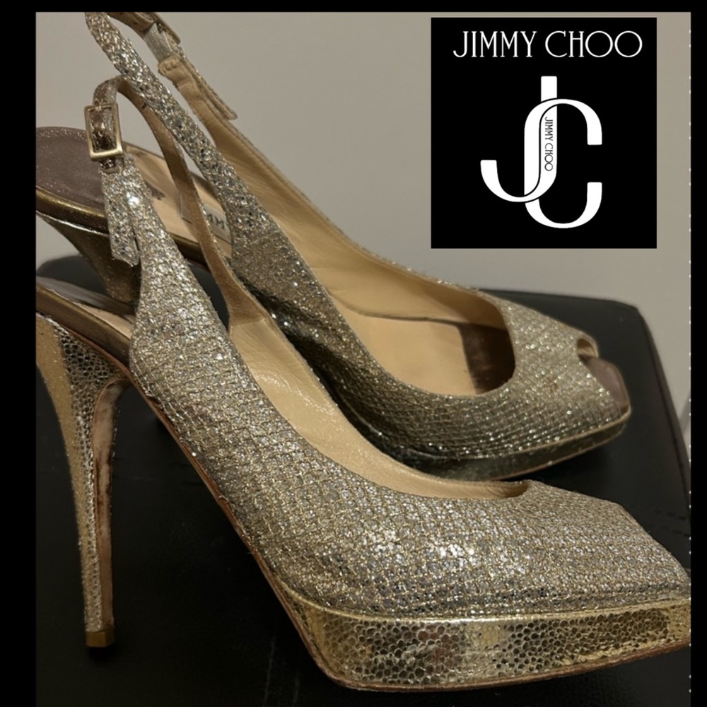 Stunning Jimmy Choo 5" Stiletto Heels silver with gold mesh overlay Wms …